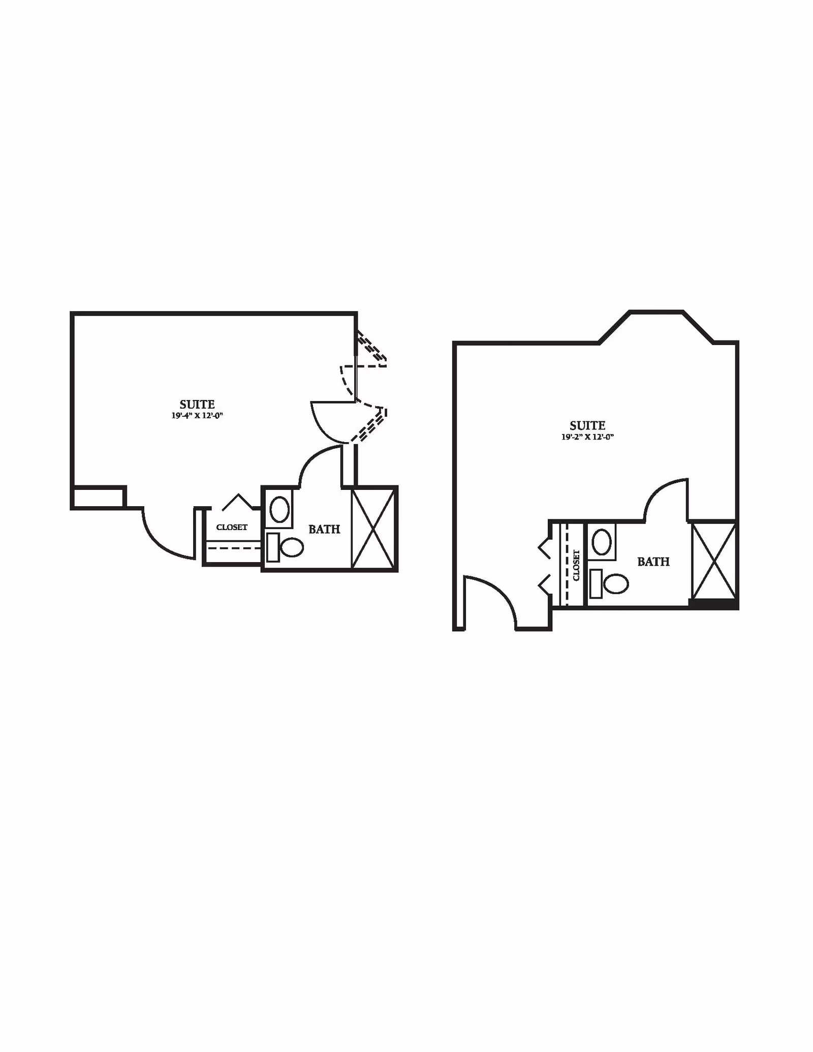 Architectural floor plan showing two suite layouts, each with a suite room, closet, and bathroom. Dimensions for the suites are approximately 19 feet by 12 feet.