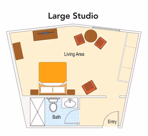 Floor plan of a large studio apartment showing a living area with a bed, three chairs around a round table, a TV on a stand, and a bathroom with a shower, toilet, and sink near the entry door.