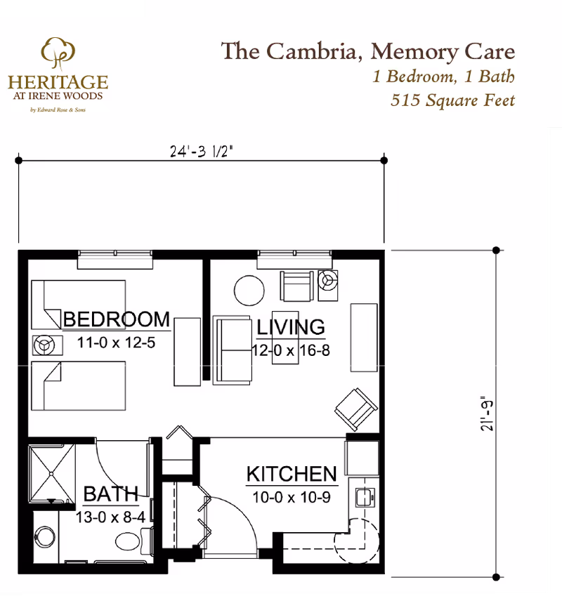 Floor plan of The Cambria, Memory Care unit at Heritage at Irene Woods showing a 1 bedroom, 1 bath layout with a living room, kitchen, bedroom, and bathroom. Dimensions are provided for each room and the overall unit size is 515 square feet.