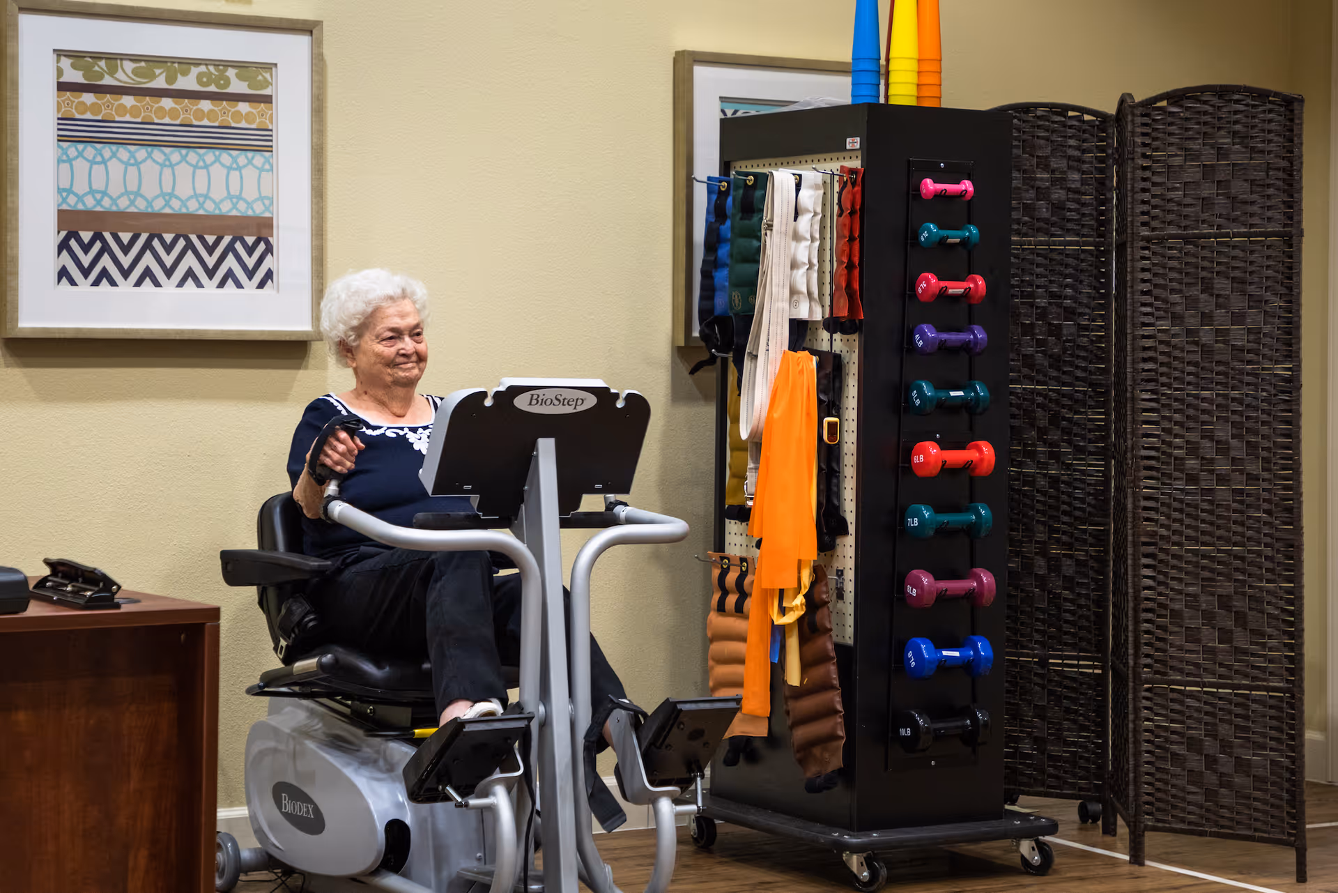 An elderly woman with white hair is seated on a BioStep exercise machine in a room with light yellow walls. To her right is a black rack holding colorful dumbbells and various exercise bands. Behind the rack is a brown woven room divider. A framed abstract artwork hangs on the wall behind her.