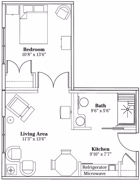 Architectural floor plan of a senior living unit at The Madison Senior Living Community showing a bedroom, living area, bathroom, and kitchen with labeled dimensions and furniture layout.