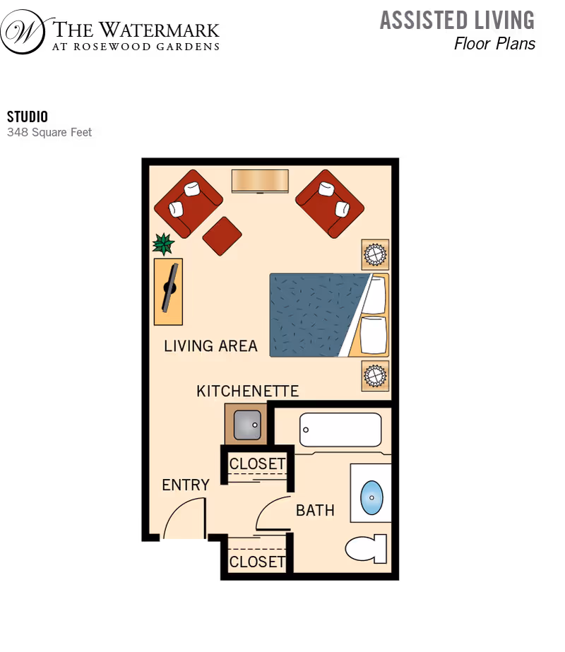 Floor plan of an assisted living studio apartment with 348 square feet. The layout includes a living area with two chairs, a small table, and a TV, a kitchenette with a sink, a sleeping area with a bed and two nightstands, a bathroom with a bathtub, toilet, and sink, and two closets near the entry.