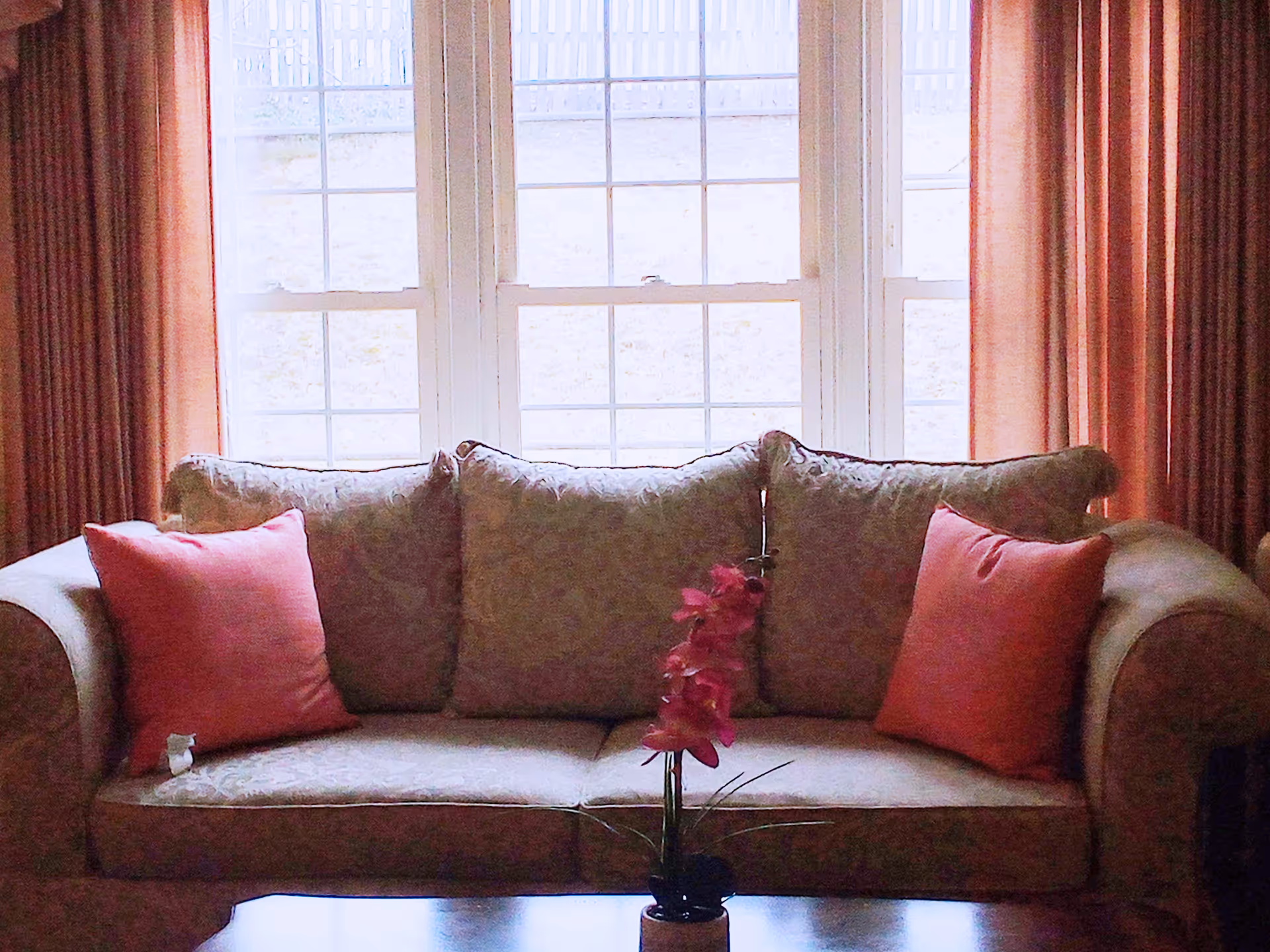 A beige patterned sofa with two pink cushions is positioned in front of a large window with white frames and pink curtains. A small table in front of the sofa holds a potted plant with pink flowers.