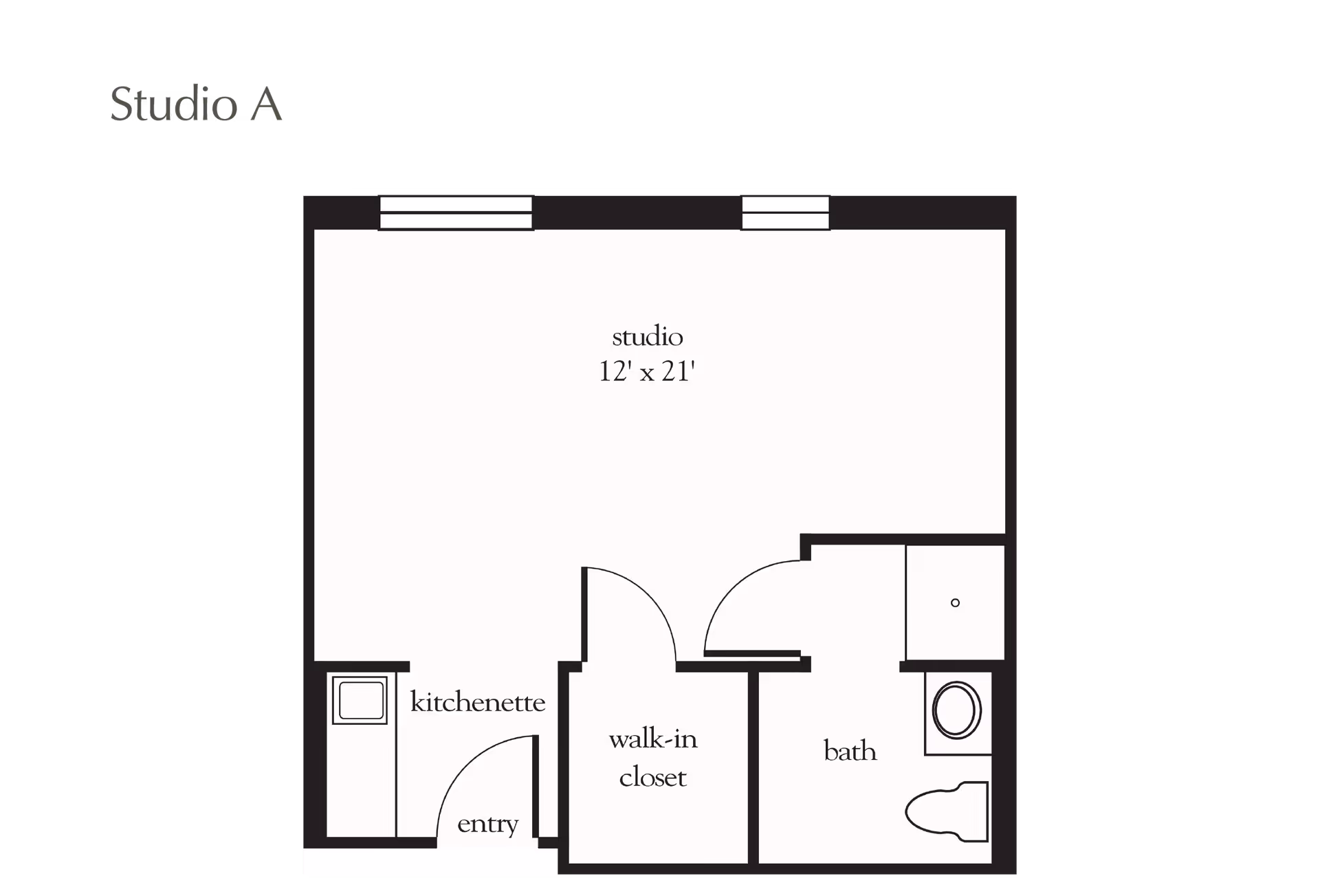 Floor plan of Studio A at Atria Glen Cove showing a studio room measuring 12 feet by 21 feet, a kitchenette near the entry, a walk-in closet, and a bathroom with a toilet and sink.
