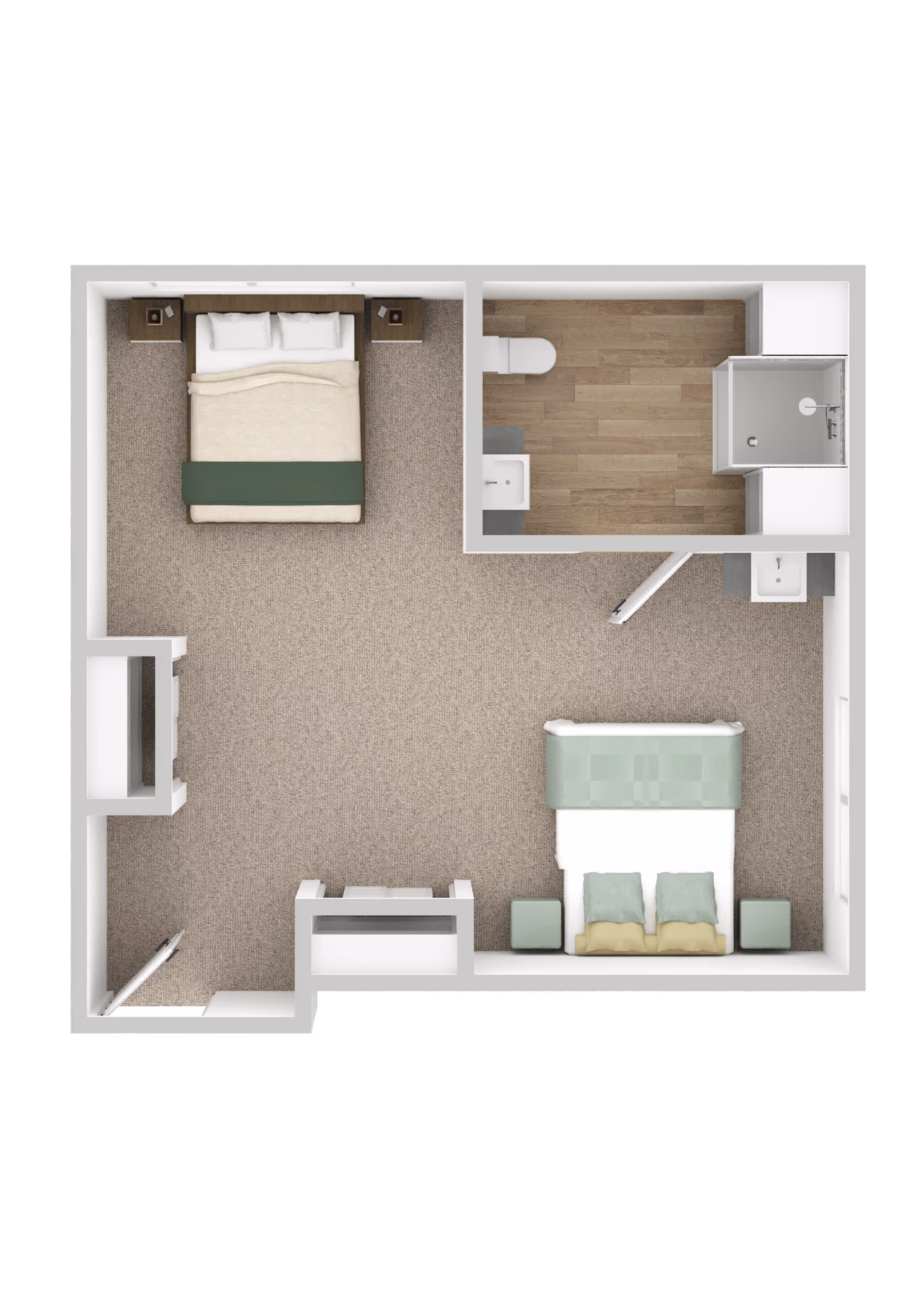 Top-down floor plan of a living space featuring two beds, a bathroom with a shower, toilet, and sink, and carpeted flooring in the main area with wood flooring in the bathroom.
