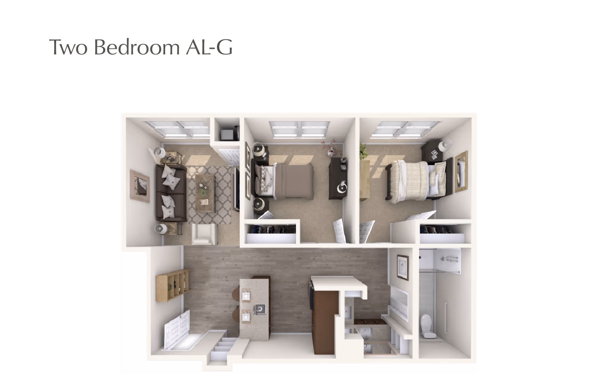 Top-down 3D floor plan of a two-bedroom apartment showing a living room, kitchen with island, bathroom, and two bedrooms on a black background labeled 'Two Bedroom AL-G'.