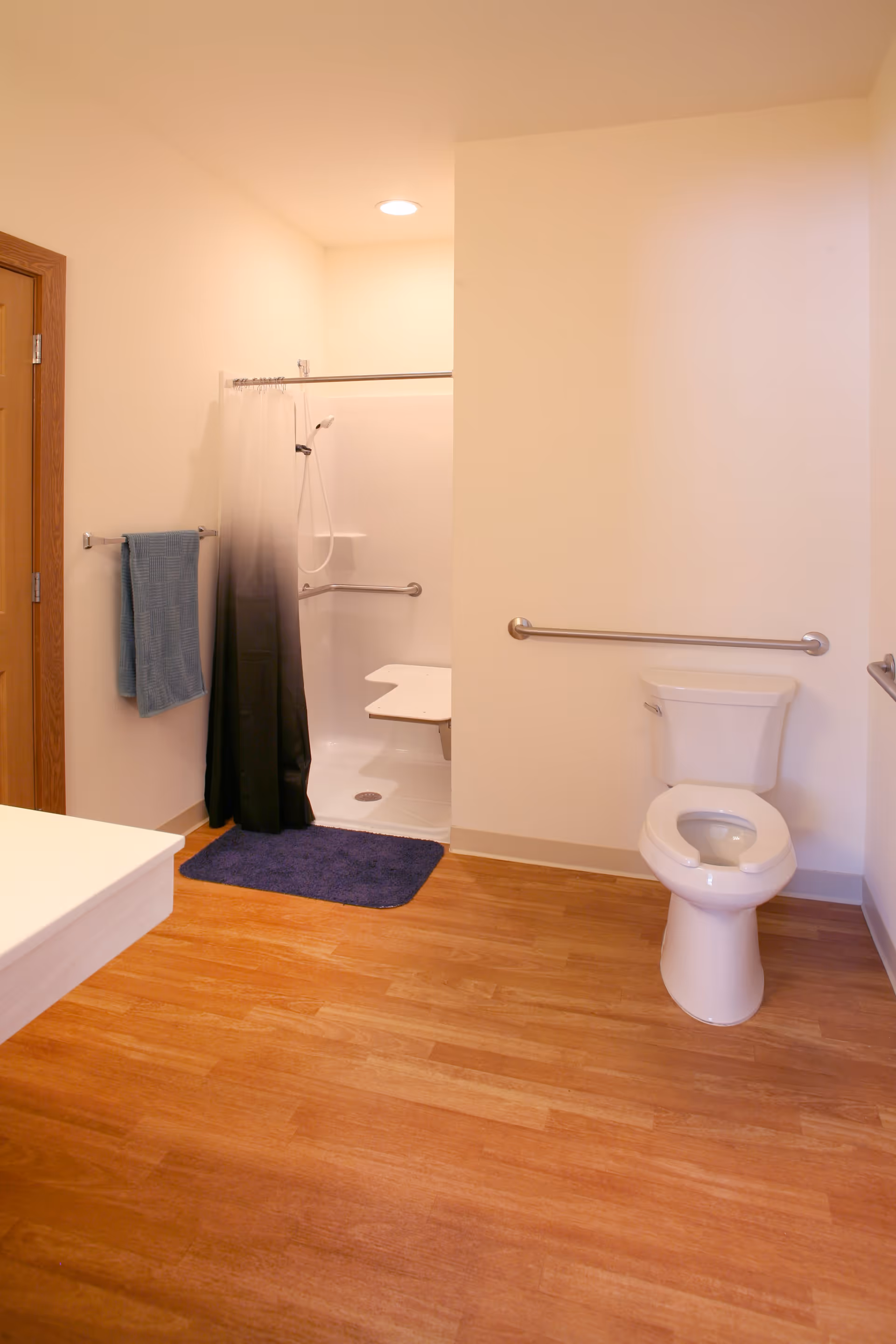 A clean and accessible bathroom featuring a toilet with a grab bar on the wall beside it, a walk-in shower with a fold-down seat and grab bars, a shower curtain, a blue bath mat, and a blue towel hanging on a towel rack. The floor has a wood-like finish and the walls are painted a light color.