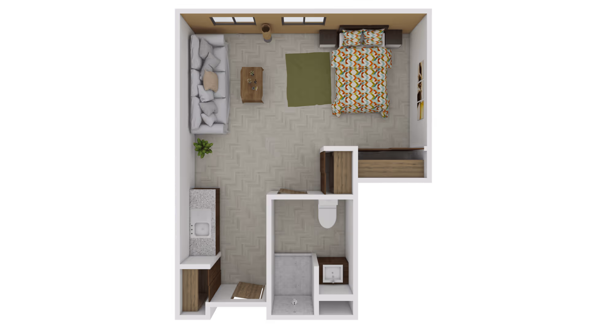 Top-down view of a senior living studio apartment floor plan featuring a bed with colorful bedding, a sofa with cushions, a small coffee table, a kitchenette with a sink and cabinets, a bathroom with a toilet, sink, and shower, and a small closet area.