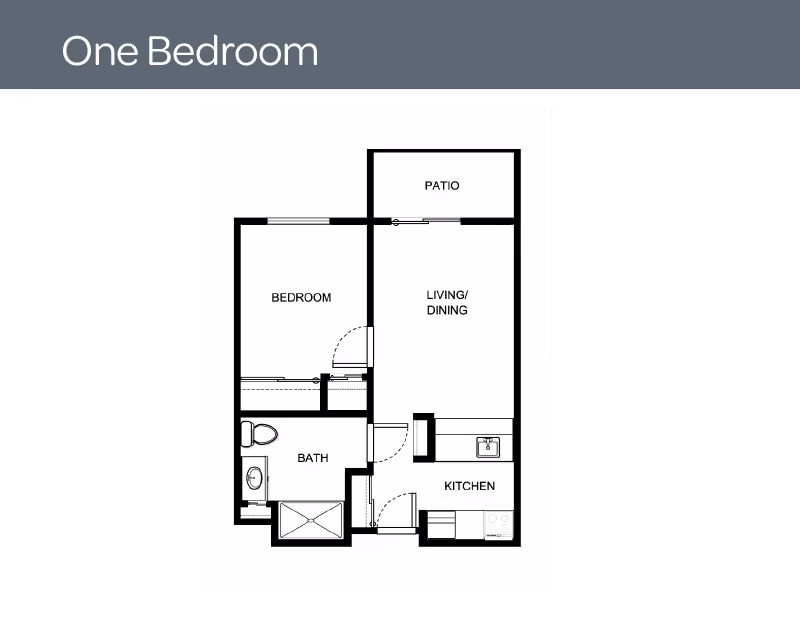 Architectural floor plan of a one-bedroom unit at Holiday Springs of Escondido, showing a bedroom, bathroom, kitchen, living/dining area, and a patio.