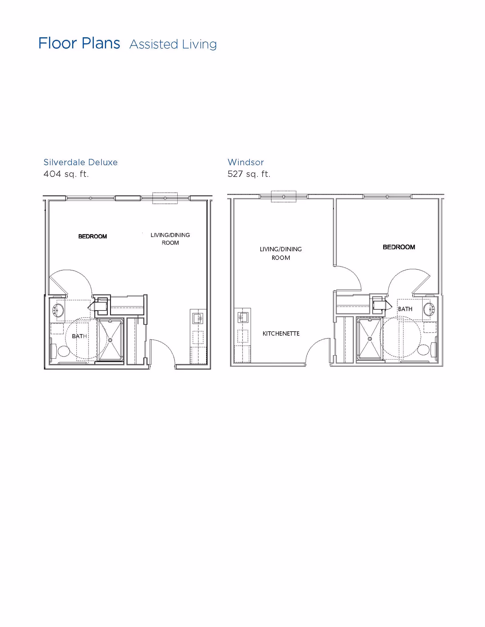 Floor plans for assisted living units at Brookdale Sandy Springs showing two layouts: Silverdale Deluxe with 404 sq. ft. including a bedroom, living/dining room, and bath; Windsor with 527 sq. ft. including a bedroom, living/dining room, kitchenette, and bath.
