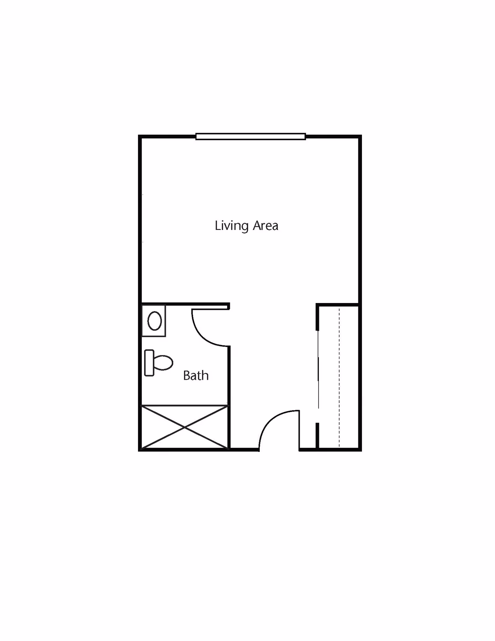 Floor plan layout showing a living area and a bathroom with a toilet and sink.