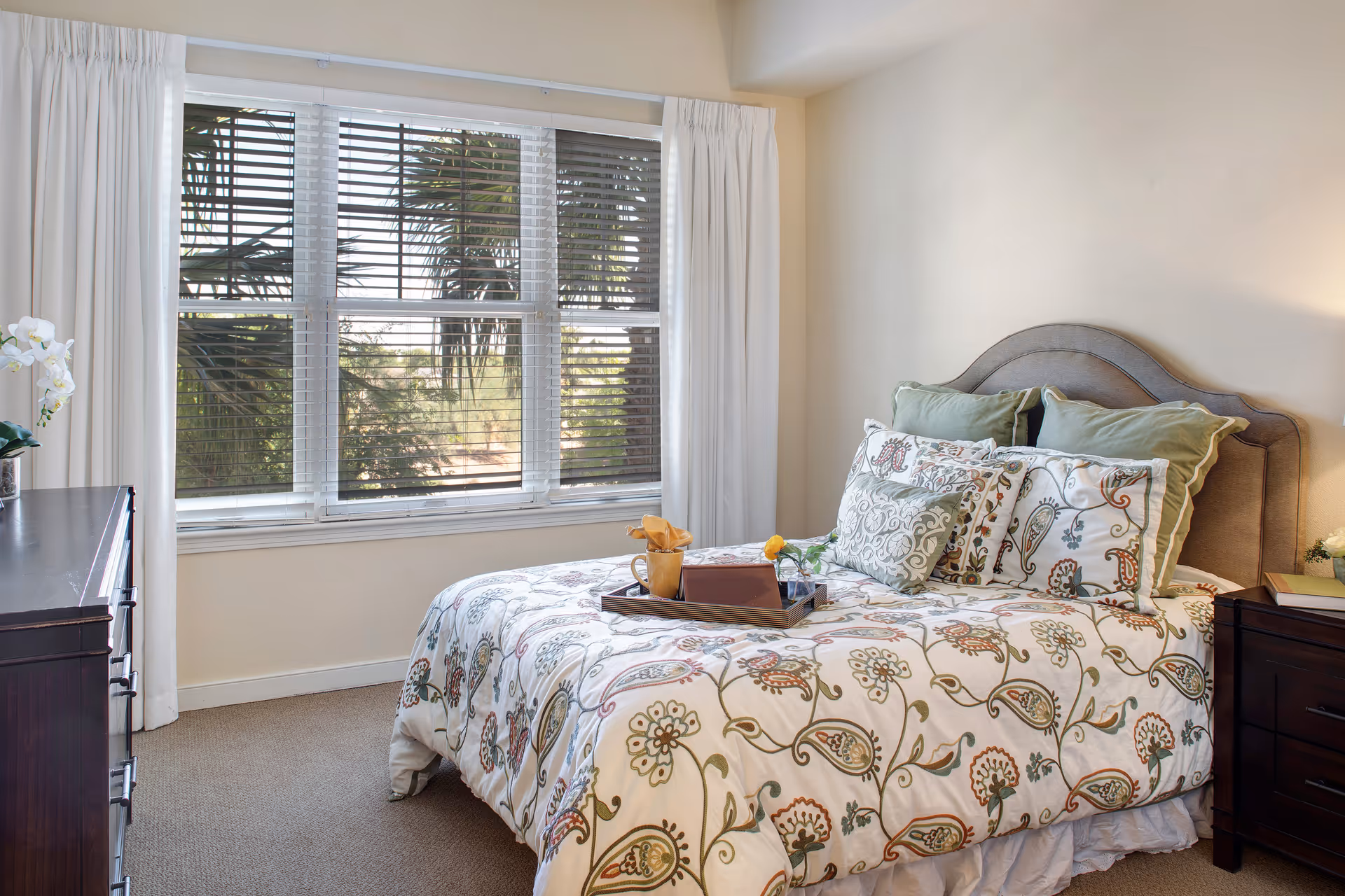 Sunlit bedroom featuring a patterned bed with decorative pillows and a tray, flanked by a dresser and nightstand beneath a large window with blinds.