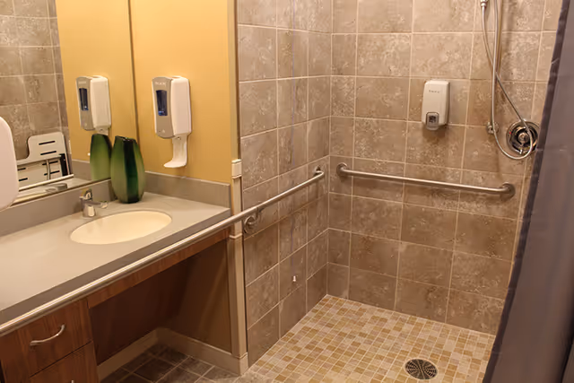 Accessible bathroom featuring a sink and mirror, wall-mounted soap dispensers, and a tiled roll-in shower with grab bars and handheld showerhead.