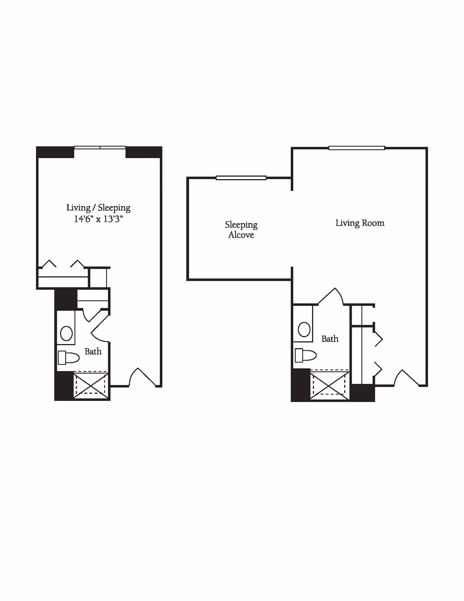 Black and white architectural floor plan showing two layouts with labeled areas including Living/Sleeping, Sleeping Alcove, Living Room, and Bath with dimensions for one Living/Sleeping area.