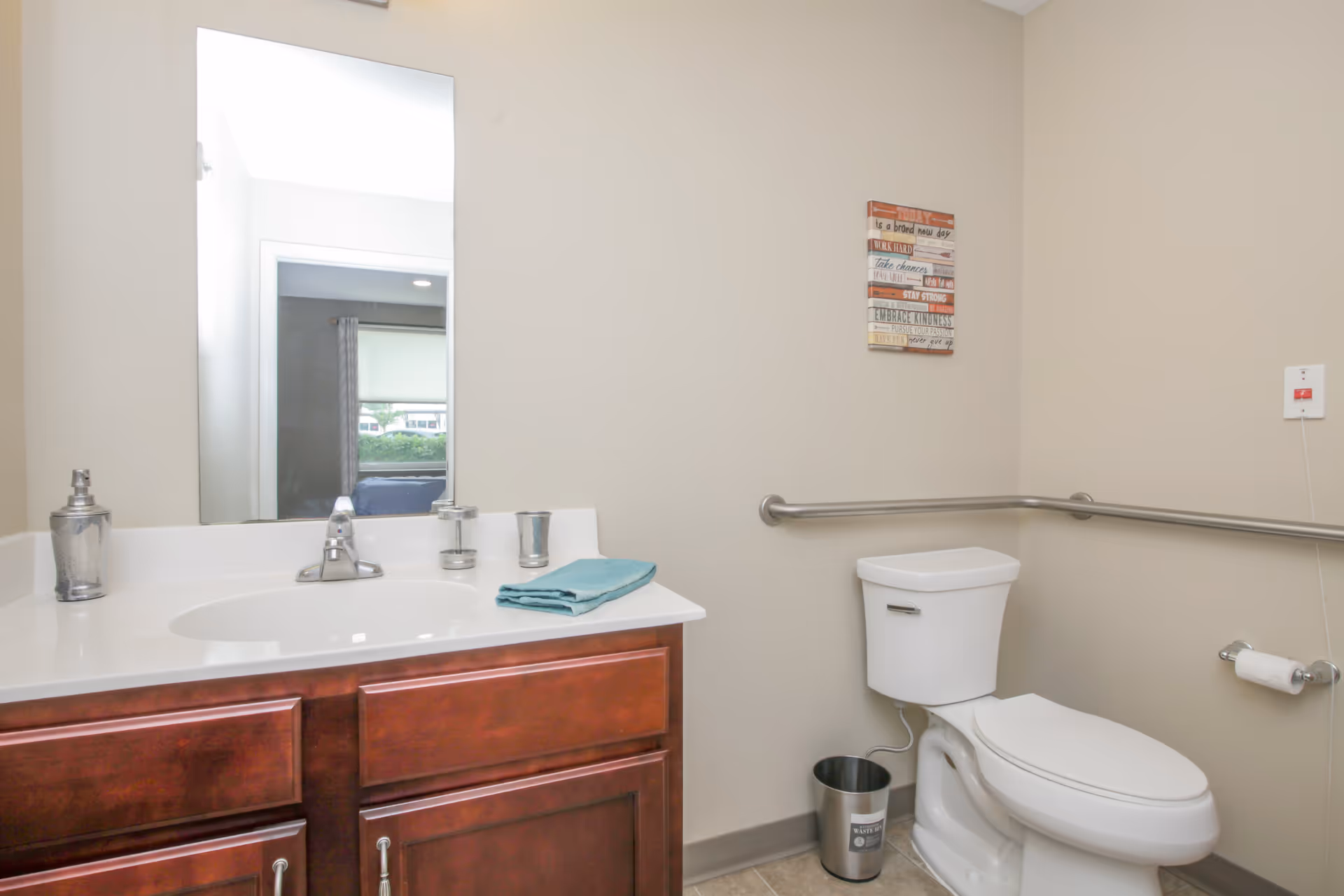 Accessible bathroom featuring a sink with mirror and wooden vanity, a toilet with grab bars, and a small wall decoration.
