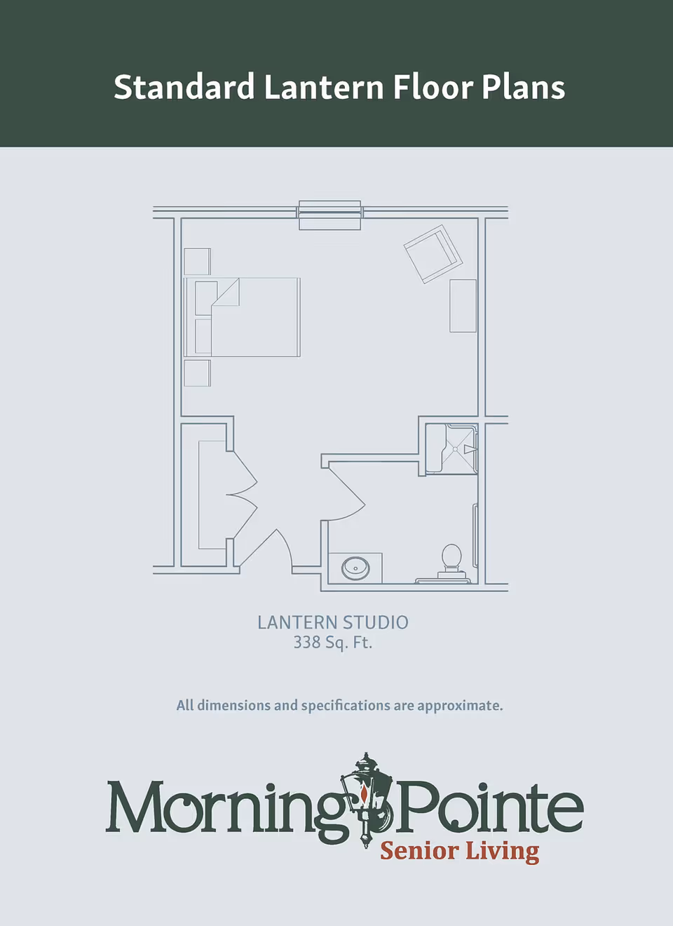 Floor plan of a Lantern Studio apartment at Morning Pointe Senior Living showing a 338 square feet layout with a bedroom area, bathroom with shower, and entryway.