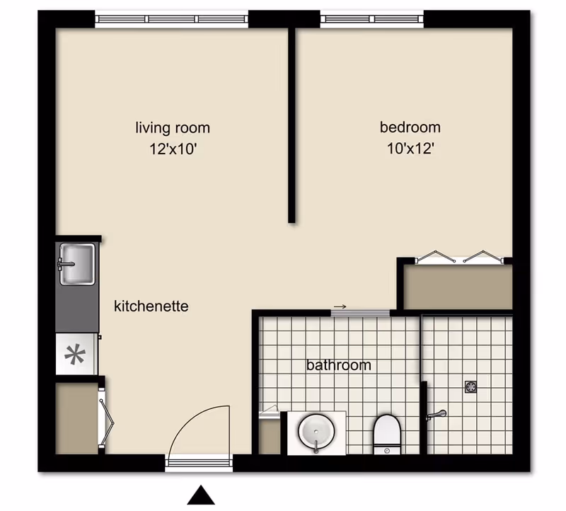 Floor plan of a senior living unit at Tudor Oaks Senior Living Community showing a living room measuring 12 by 10 feet, a bedroom measuring 10 by 12 feet, a kitchenette with a sink and refrigerator, and a bathroom with a sink, toilet, and shower area.
