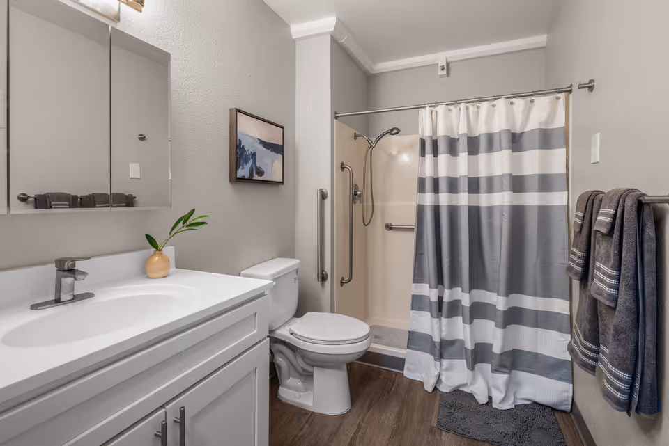 A clean and modern bathroom featuring a white vanity with a sink and faucet, a toilet, and a shower with a striped gray and white curtain. There are gray towels hanging on a towel rack, a small plant in a vase on the vanity, a framed abstract painting on the wall, and grab bars installed near the toilet and inside the shower for accessibility.