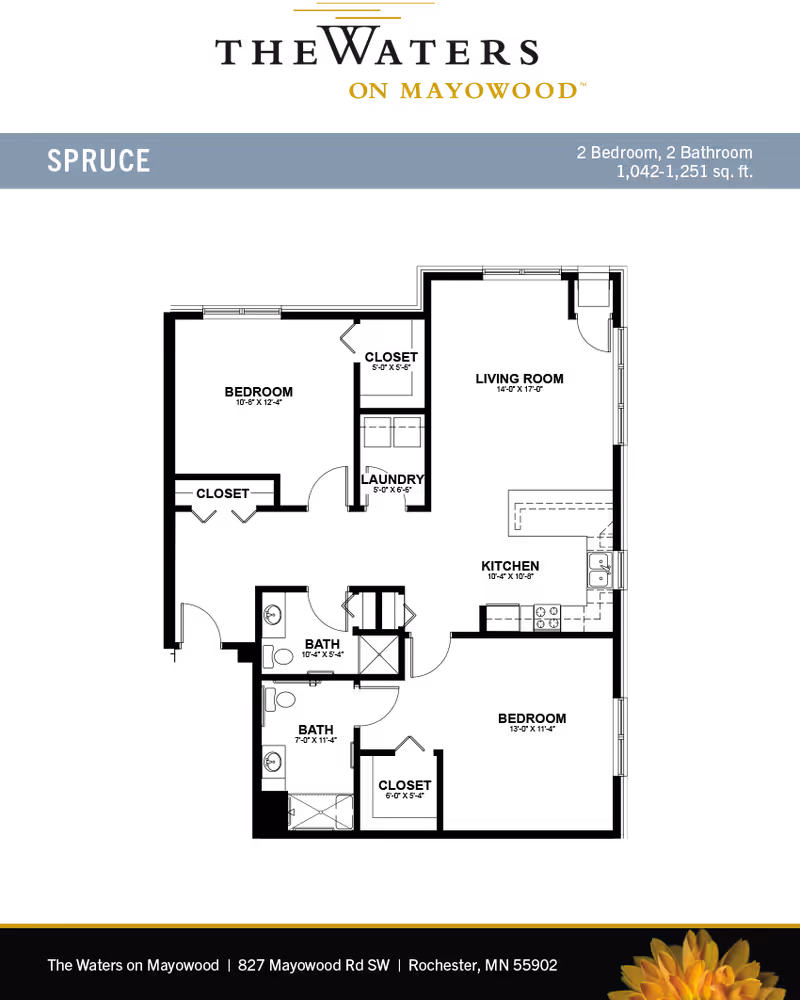 Black graphic floor plan titled 'Spruce' for The Waters on Mayowood showing unit details (2 bedroom, 2 bathroom) with small labels for closet and laundry and the facility address at the bottom.
