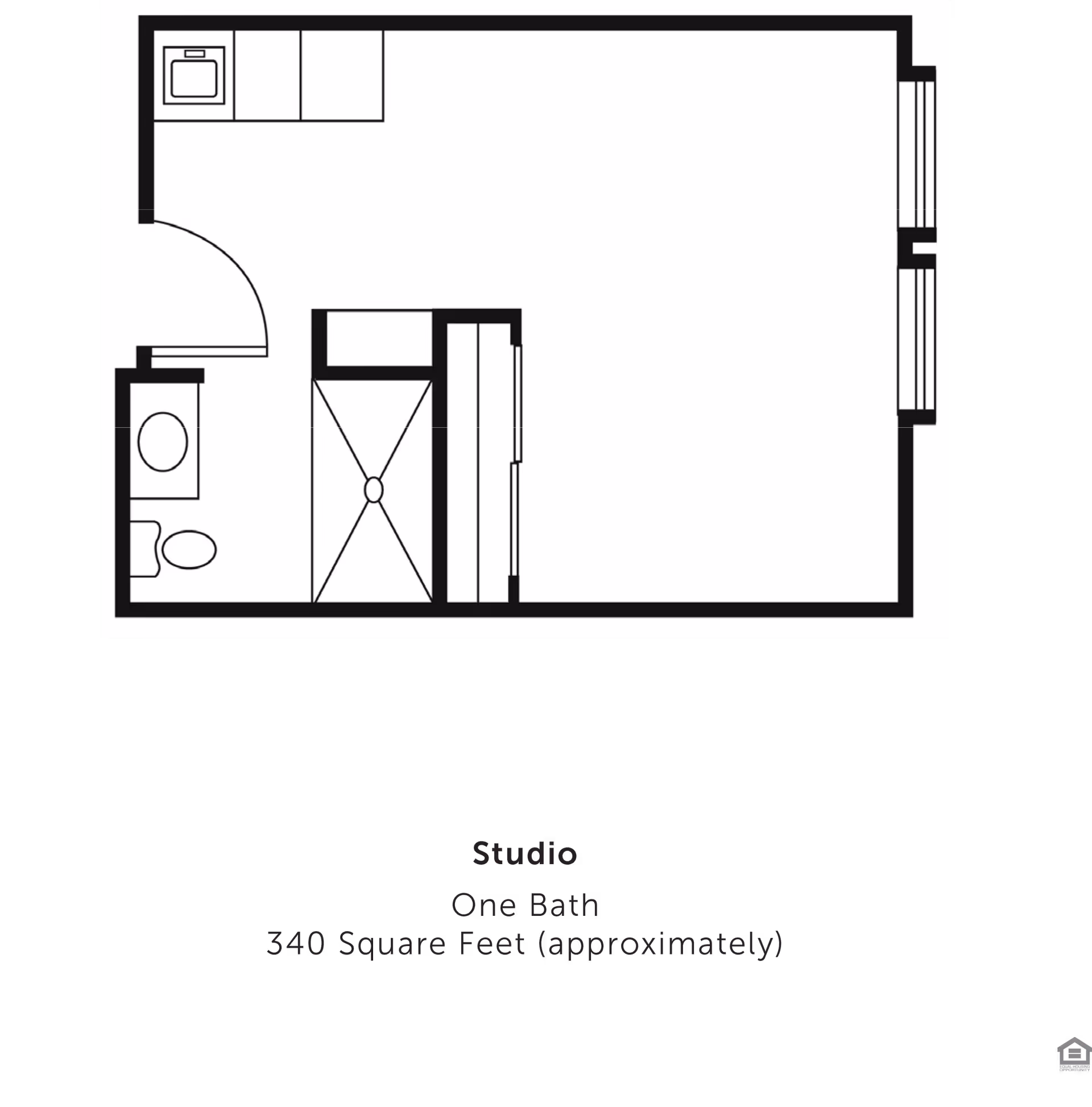 Floor plan of a studio apartment at Meadowview Place showing one bathroom, a kitchenette, and an open living/sleeping area, approximately 340 square feet.