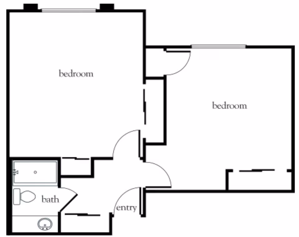 Floor plan layout showing two bedrooms, one bathroom, and an entry area.