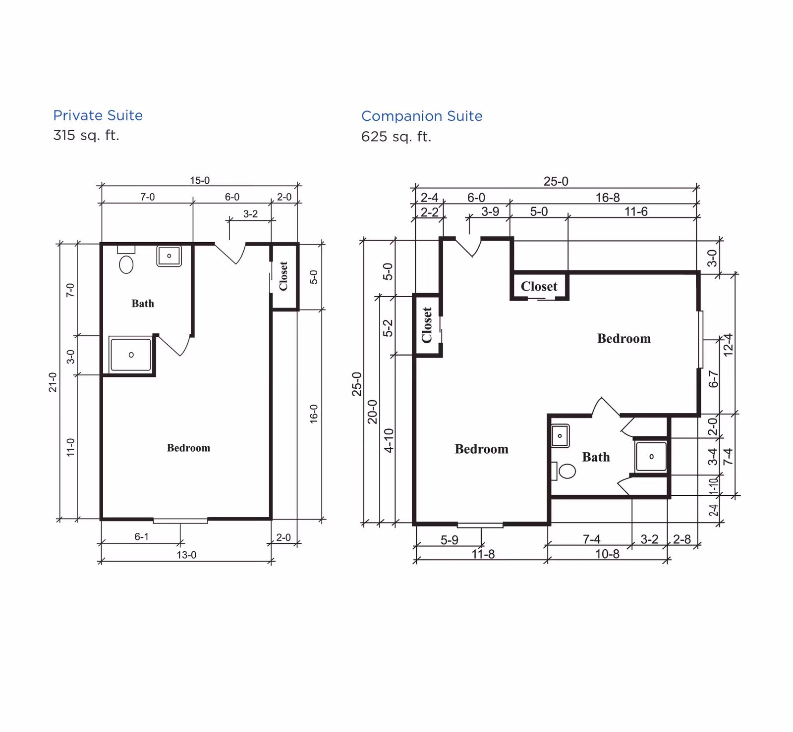 Architectural floor plans showing layout of two types of suites at Brookdale Delta: a Private Suite of 315 sq. ft. with a bedroom, bath, and closet; and a Companion Suite of 625 sq. ft. with two bedrooms, two closets, and a bath.