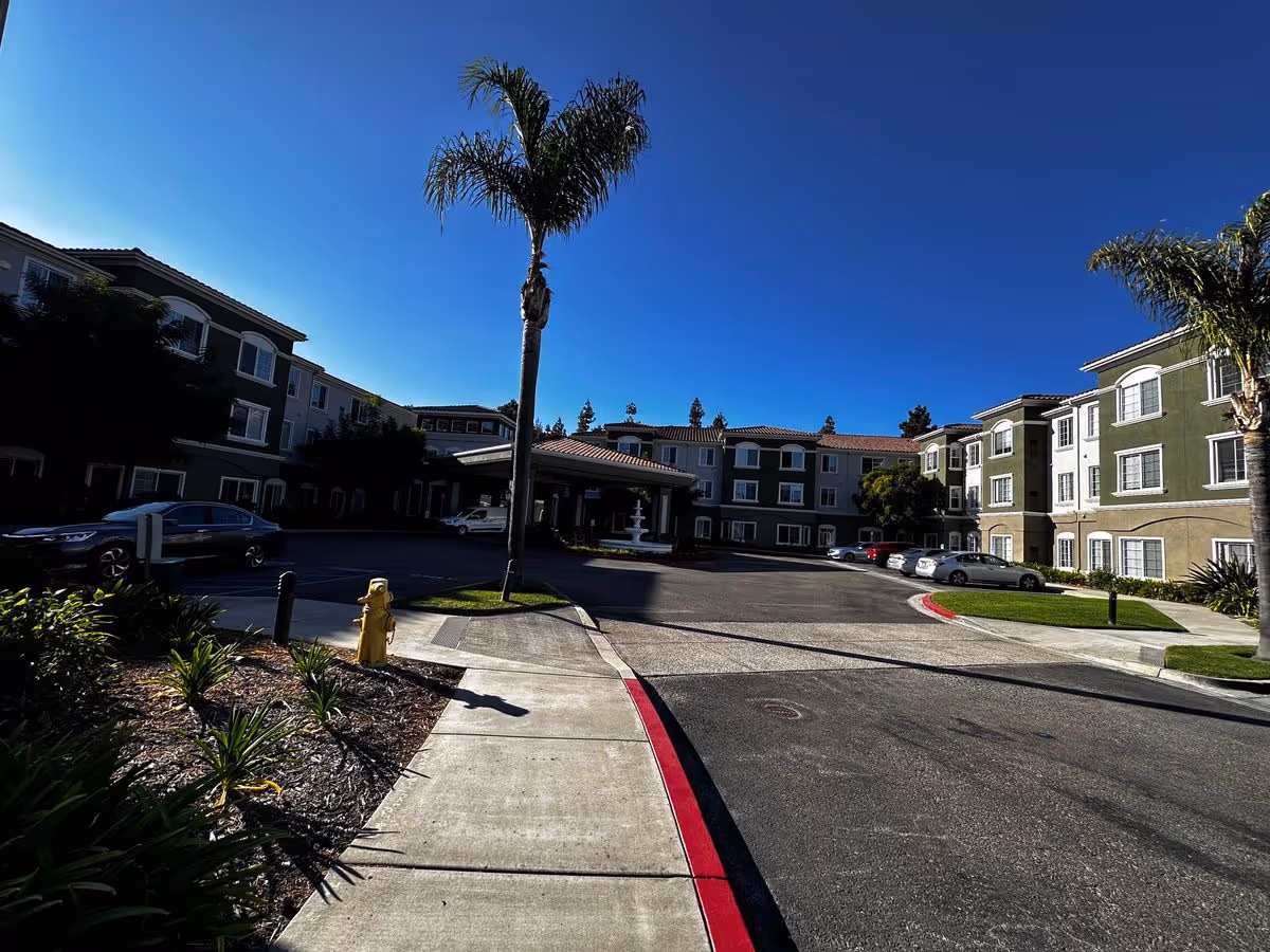 Front driveway and entrance of a multi-story senior living building with palm trees, parked cars, and a clear blue sky.