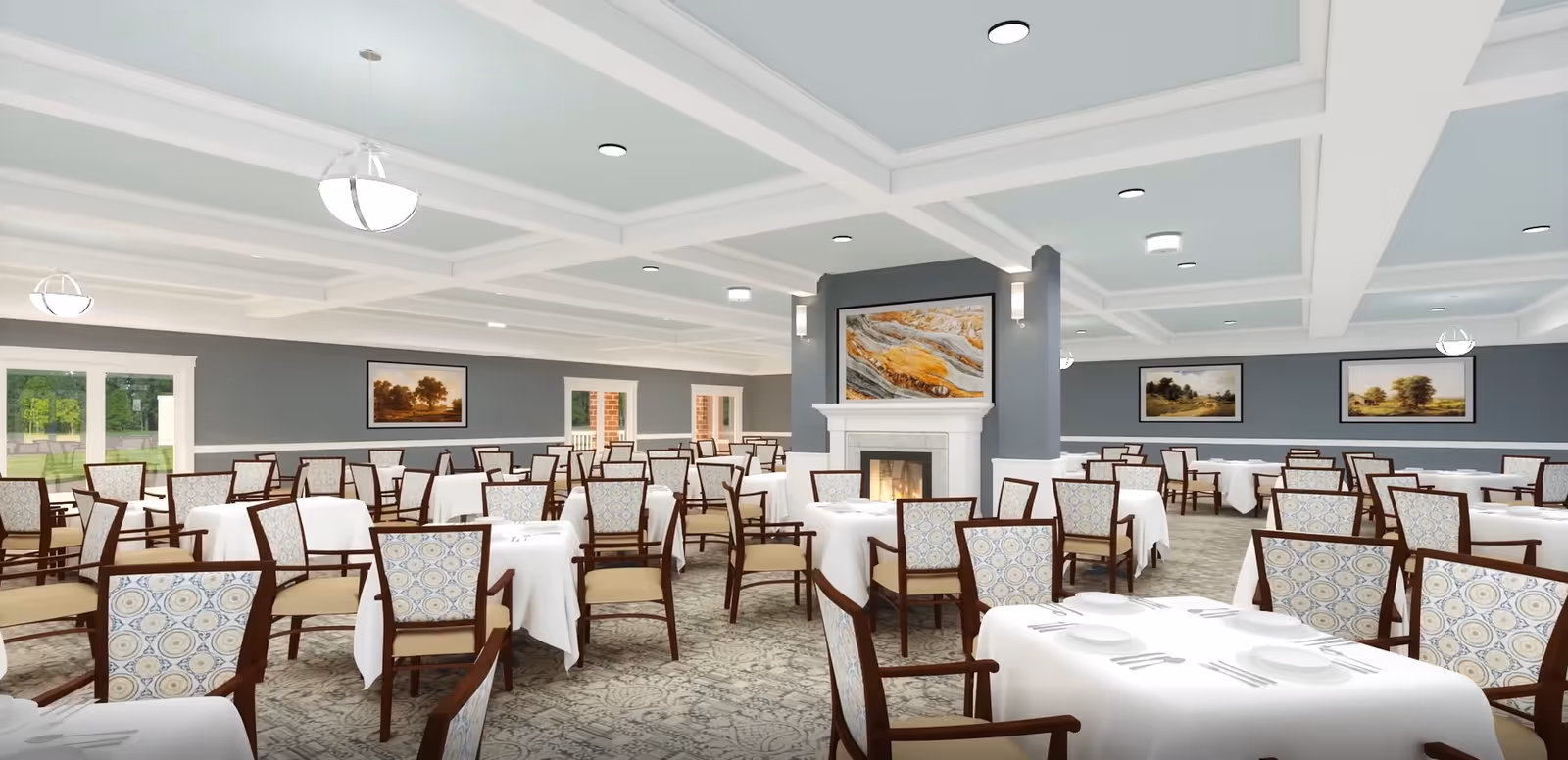 Spacious dining room with multiple tables set with white tablecloths and patterned chairs arranged around a central fireplace and wall art.