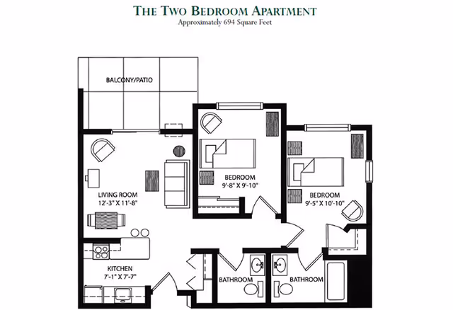 Floor plan of a two-bedroom apartment approximately 694 square feet, showing a living room with furniture, kitchen, two bedrooms, two bathrooms, and a balcony/patio area.
