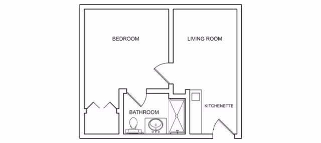 Black-and-white floor plan of a one-bedroom suite labeled Bedroom, Living Room, Bathroom, and Kitchenette.