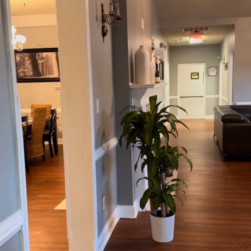 Interior hallway with a potted plant in the foreground, a seating area to the right and a dining room visible through a doorway on the left.
