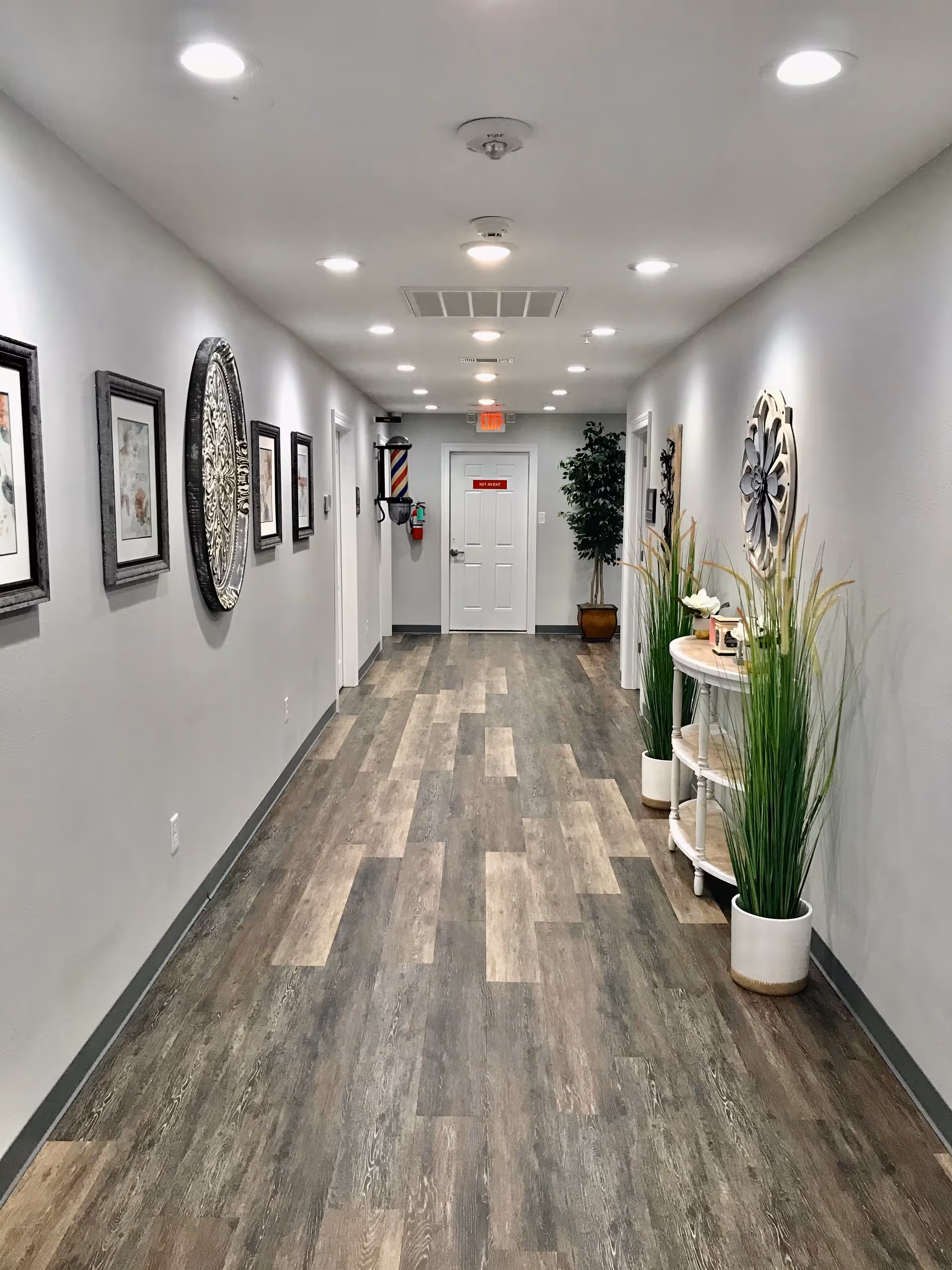 A well-lit hallway with wood-patterned flooring and light gray walls. The hallway is decorated with framed pictures and a large decorative round wall piece on the left wall. On the right side, there is a white console table with decorative items and tall green plants in white pots. At the end of the hallway, there is a white door with a red sign and a barber pole mounted on the wall nearby, along with a fire extinguisher and a potted plant.