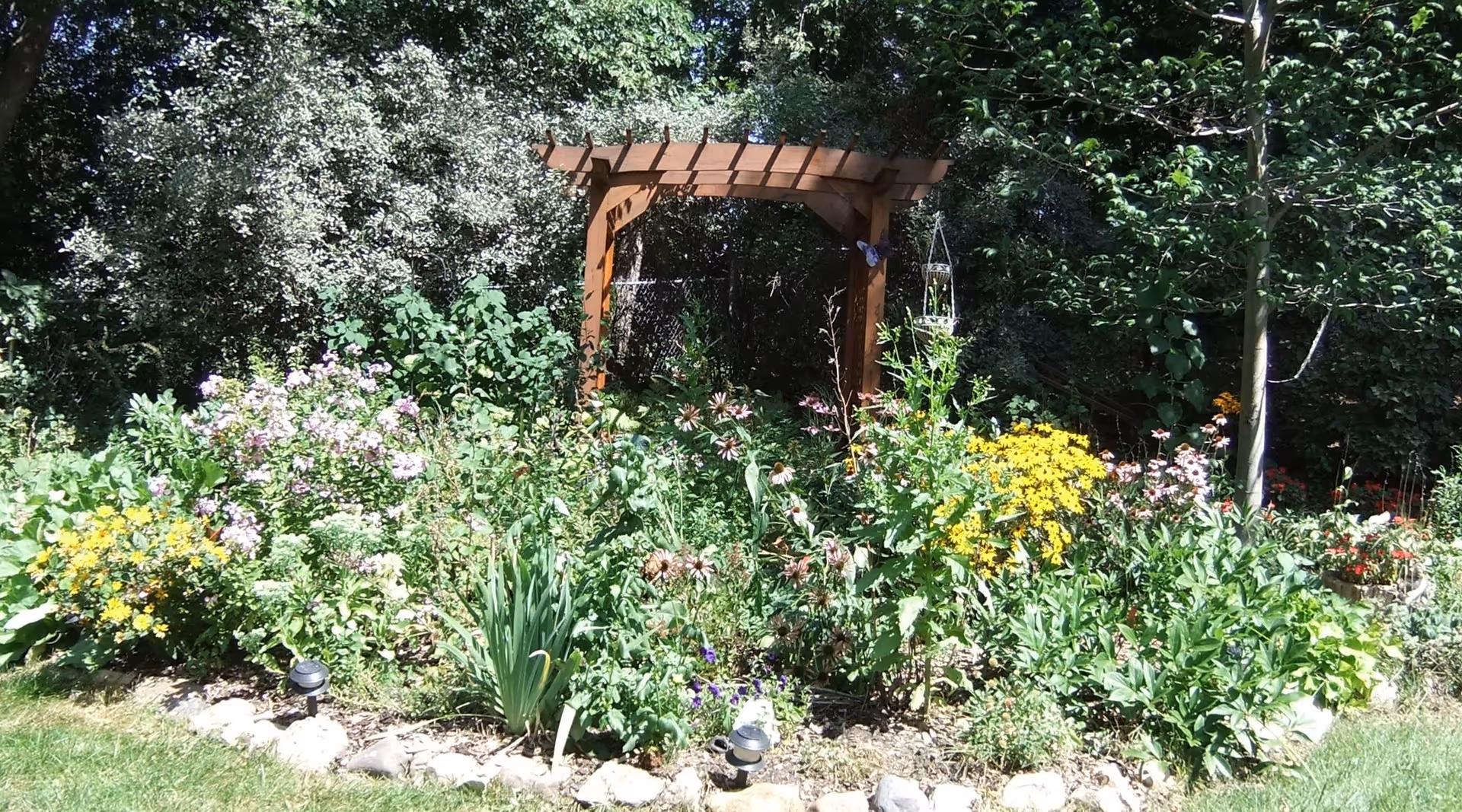 A lush garden bed filled with flowering plants and a wooden arbor pergola in front of dense trees.