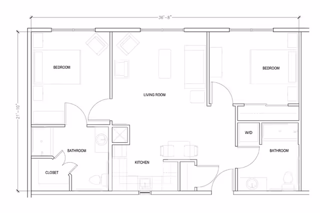 Architectural floor plan of a residential unit at Garden Plaza of Florissant showing two bedrooms, two bathrooms, a living room, a kitchen, closets, and a washer/dryer area with dimensions.
