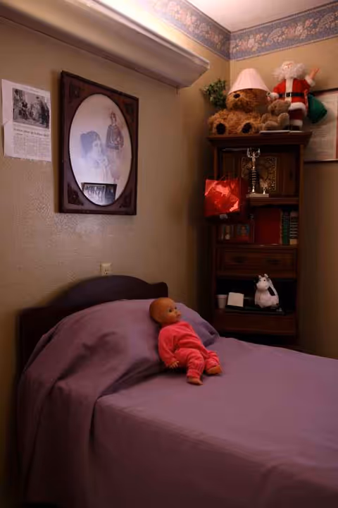 A small bedroom with a bed, purple bedding, and stuffed animals on a shelf.
