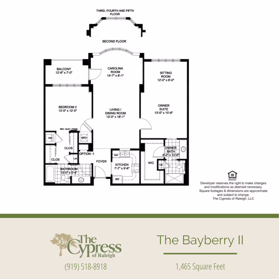 Floor plan layout of The Bayberry II unit at The Cypress of Raleigh, showing two bedrooms, two bathrooms, a kitchen, living/dining room, sitting room, balcony, and foyer with dimensions.