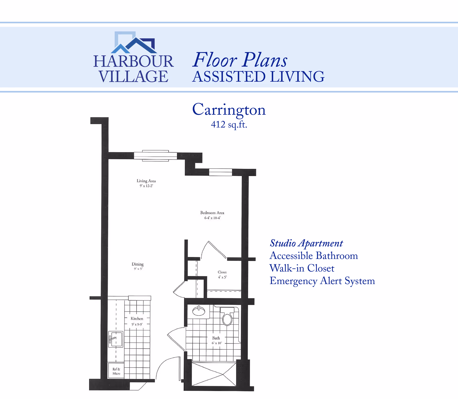 Floor plan of the Carrington studio apartment at Harbour Village Assisted Living, showing a living area, bedroom area, dining area, kitchen, bathroom, and walk-in closet. The total area is 412 square feet. Features include an accessible bathroom, walk-in closet, and emergency alert system.