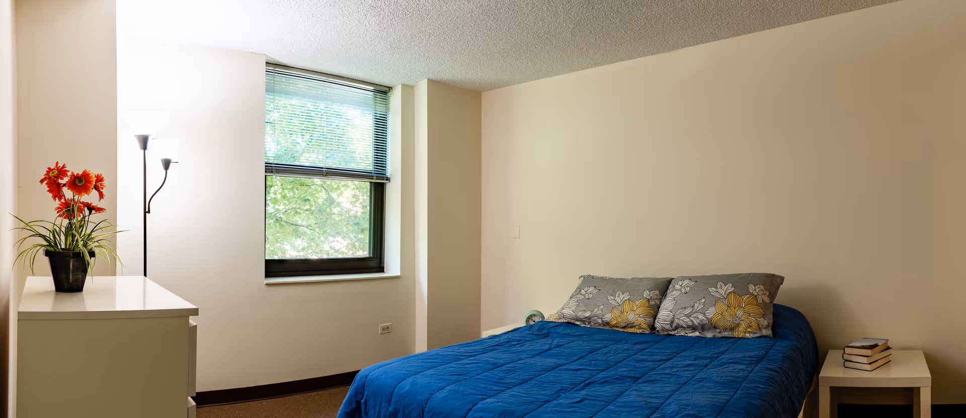 A simple bedroom with a bed covered in a blue comforter and two floral pillows. There is a white dresser with a potted plant and a floor lamp next to a window with blinds partially open, letting in natural light. A small white nightstand with a stack of books is beside the bed. The walls are plain and light-colored.