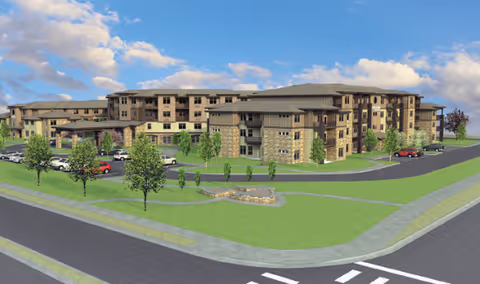 Exterior view of a large, multi-story senior living facility named Bonaventure of Thornton, surrounded by green lawns, trees, and a driveway with parked cars under a partly cloudy sky.