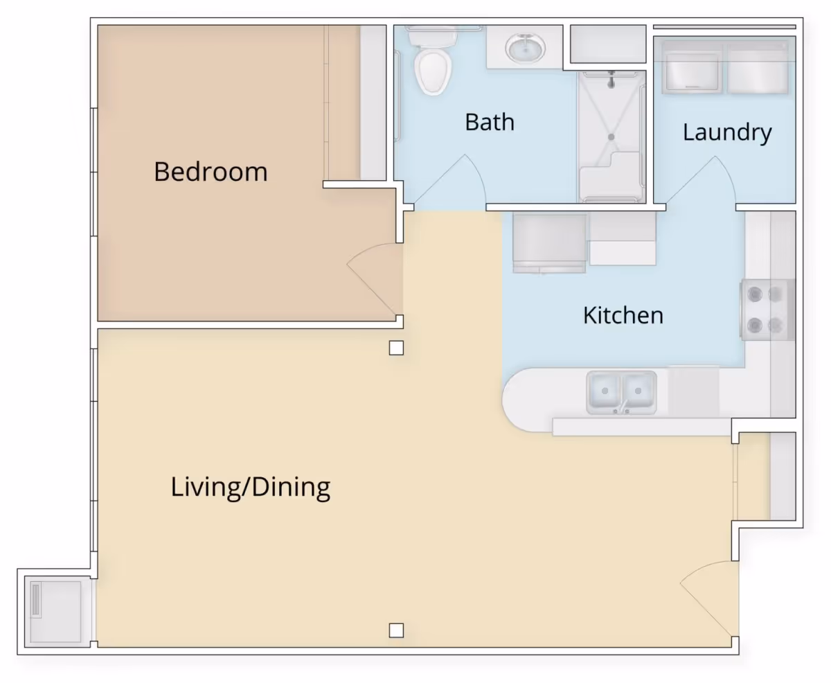 Floor plan of a senior living unit at New Perspective Senior Living | Mankato showing a bedroom, bath, laundry, kitchen, and combined living/dining area.