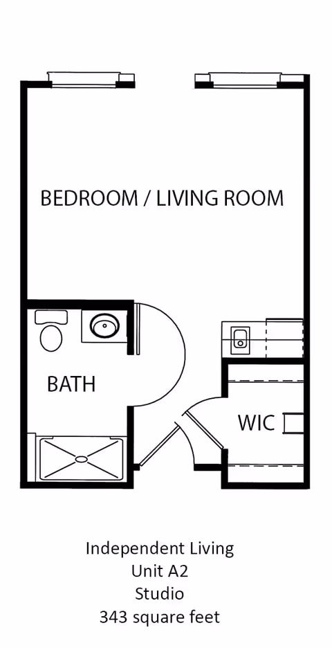 Floor plan of a studio independent living unit labeled Unit A2 at The Waterford at Fort Worth. The layout includes a combined bedroom and living room area, a bathroom with a toilet, sink, and shower, and a walk-in closet (WIC). The total area is 343 square feet.
