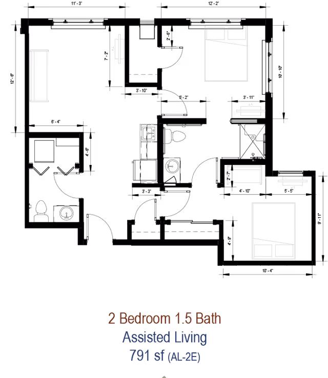 Floor plan layout of a 2 bedroom, 1.5 bath assisted living apartment with a total area of 791 square feet. The plan shows two bedrooms, a living area with TV, and bathroom spaces.