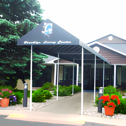 Entrance to a senior living facility with a covered walkway supported by white poles. There are green bushes and colorful flowers in pots on either side of the walkway. The building is light-colored with a peaked roof and large windows.