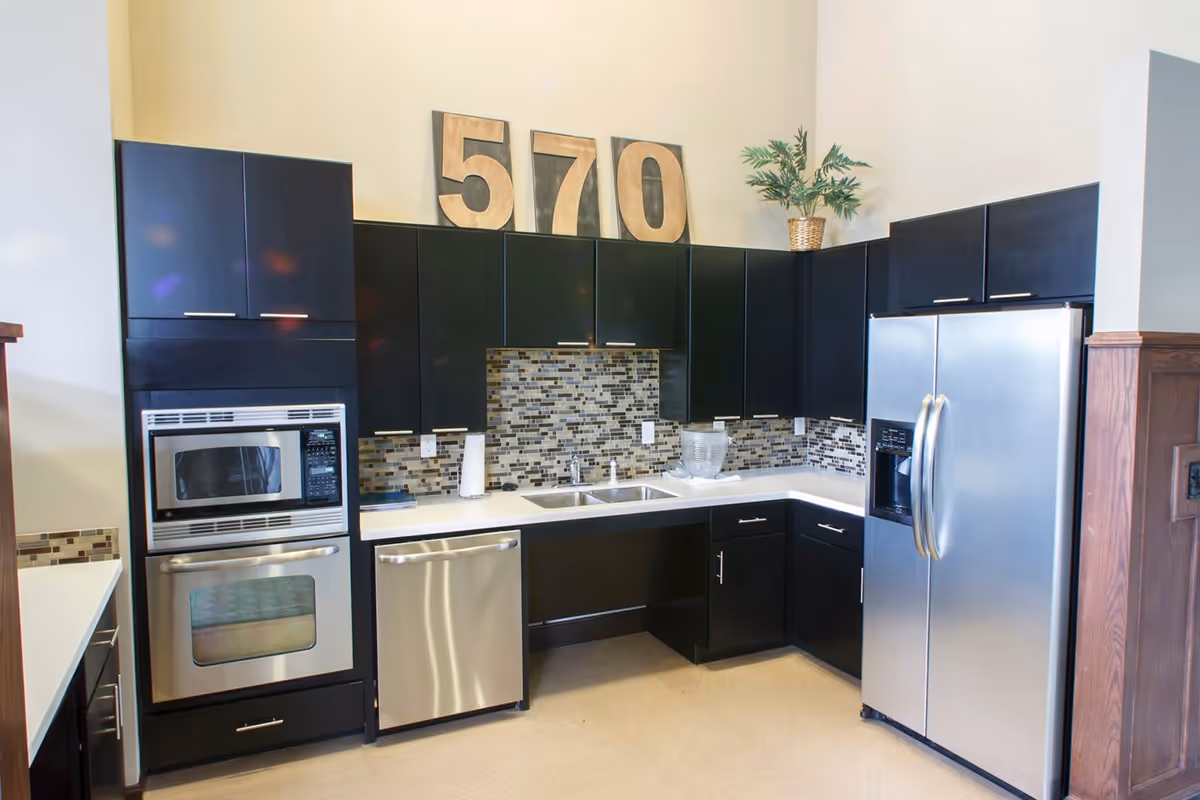 Modern kitchen with black cabinets, stainless steel appliances including a microwave, oven, dishwasher, and refrigerator. The backsplash features a mosaic tile design, and there is a double sink with a faucet. Large wooden numbers 570 are displayed on top of the cabinets along with a potted plant.