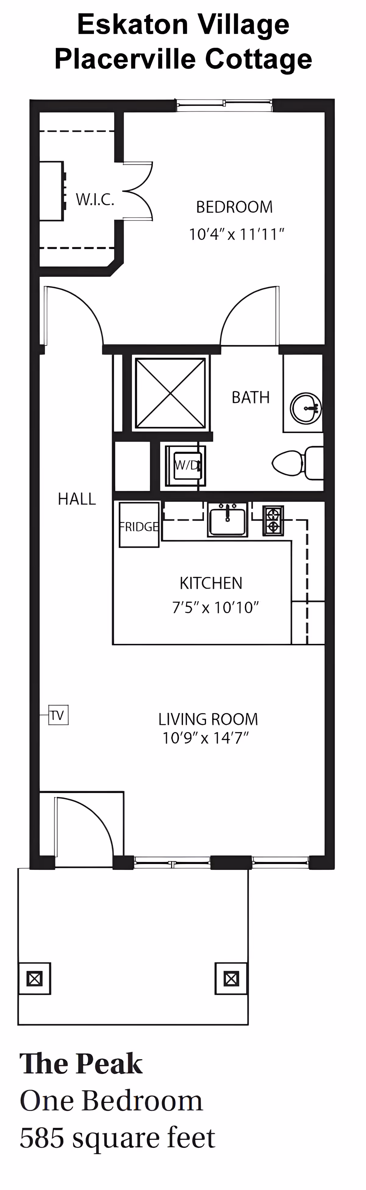 Floor plan of Eskaton Village Placerville Cottage named The Peak, showing a one-bedroom layout with 585 square feet. The plan includes a bedroom with a walk-in closet, a bathroom, a kitchen with fridge and washer/dryer, a living room, and a hall. There is also an outdoor patio area.