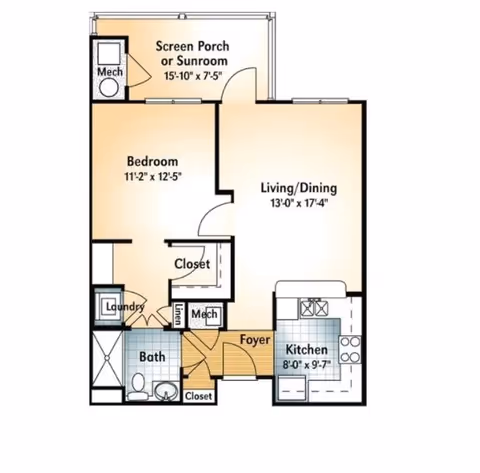 Floor plan of a one-bedroom apartment at Park Springs showing a bedroom, living/dining area, kitchen, bathroom, laundry, closets, foyer, and a screen porch or sunroom.