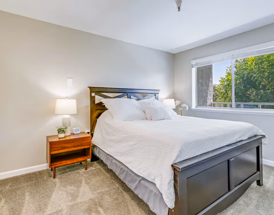 Well-lit bedroom with a large bed topped with white bedding, a wooden headboard, a nightstand with a lamp, and a window showing greenery outside.