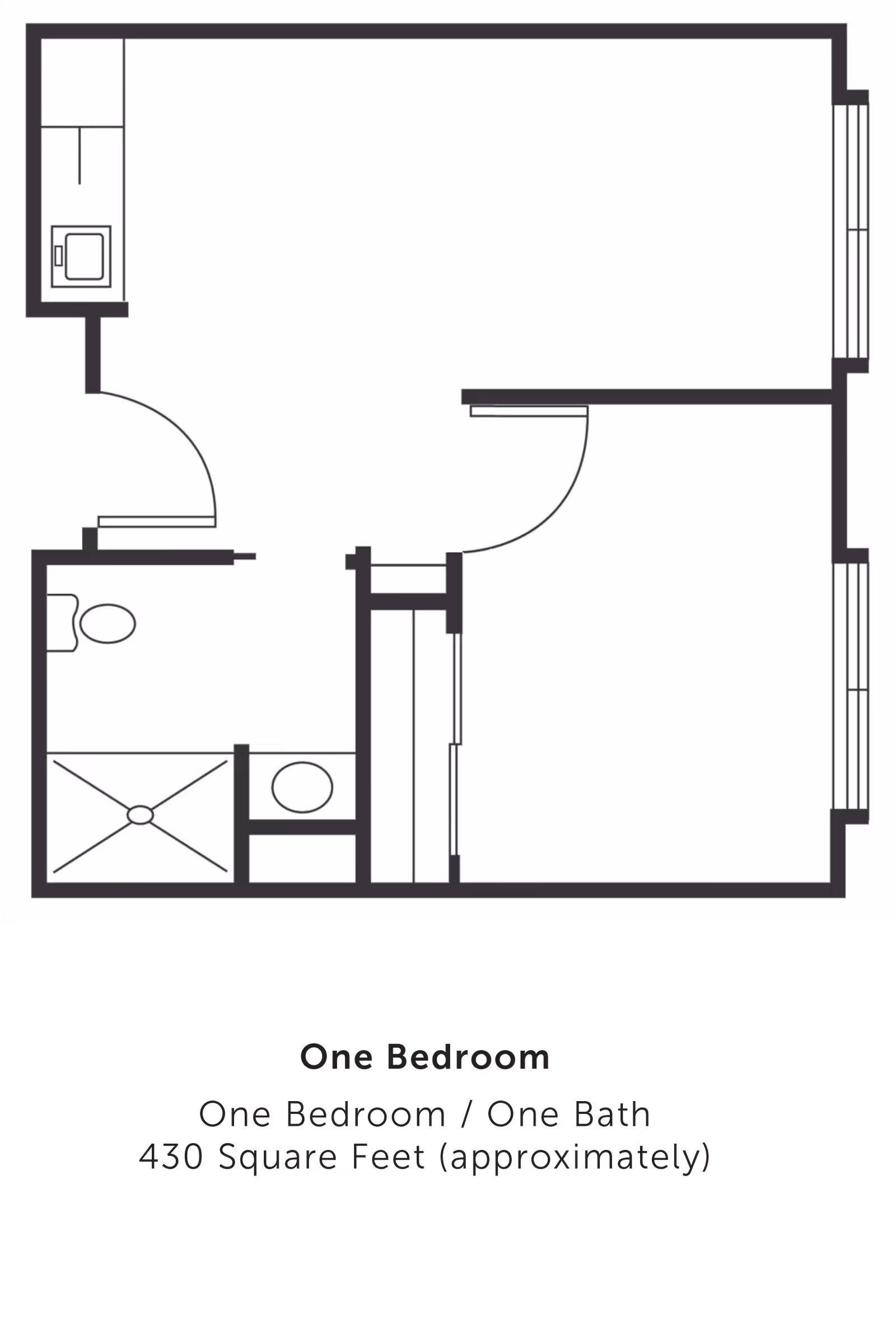 Floor plan of a one-bedroom, one-bath apartment approximately 430 square feet, showing a bedroom, bathroom with shower and toilet, and a small kitchen area.