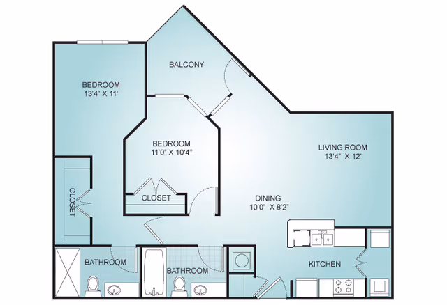 Floor plan of a residential unit at The Palms at Lake Spivey showing two bedrooms, two bathrooms, a kitchen, dining area, living room, balcony, and closets.
