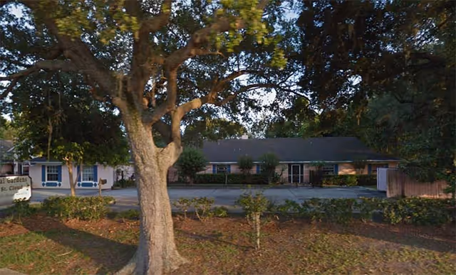 Front exterior of a single-story senior living facility partially obscured by a large tree and landscaping.